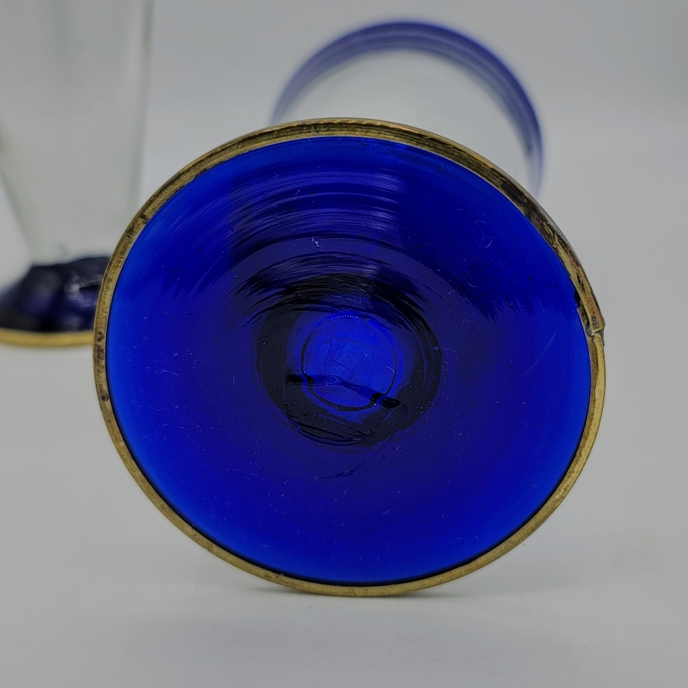 Hand Blown Mexican Pilsner Glasses Set of 2 Blue Rim Bubble Beer Rustic Barware - Picture 5 of 11